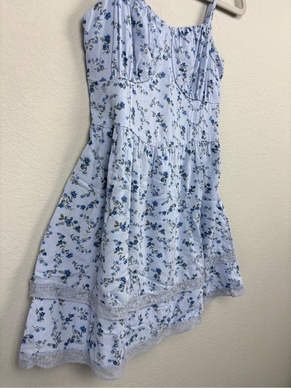 Hollister Blue Floral Lace Tiered Mini Dress Cottagecore Romantic Coquette S - Picture 2 of 12